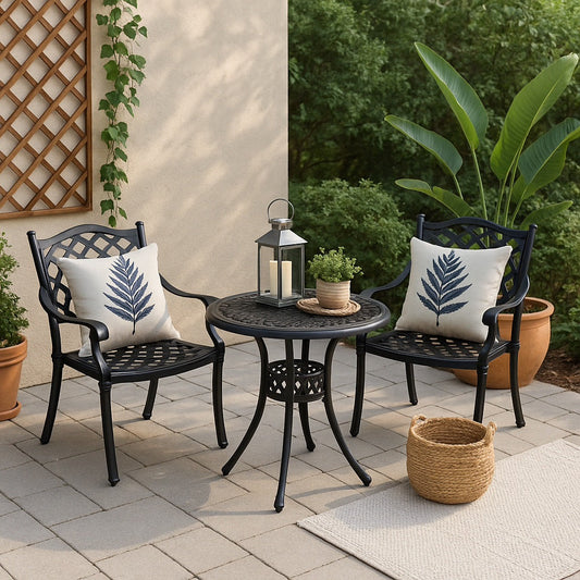 Elana 3-Piece Patio Dining Set for 2, Cast Aluminium Table & 2 Chairs - Black