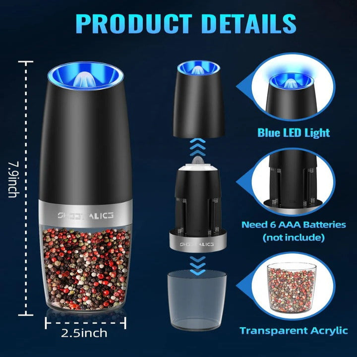 Electric Gravity Salt and Pepper Grinder Set with LED Light, Set of 2