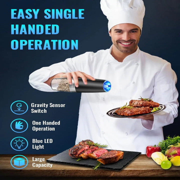 Electric Gravity Salt and Pepper Grinder Set with LED Light, Set of 2