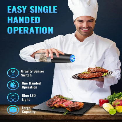 Electric Gravity Salt and Pepper Grinder Set with LED Light, Set of 2