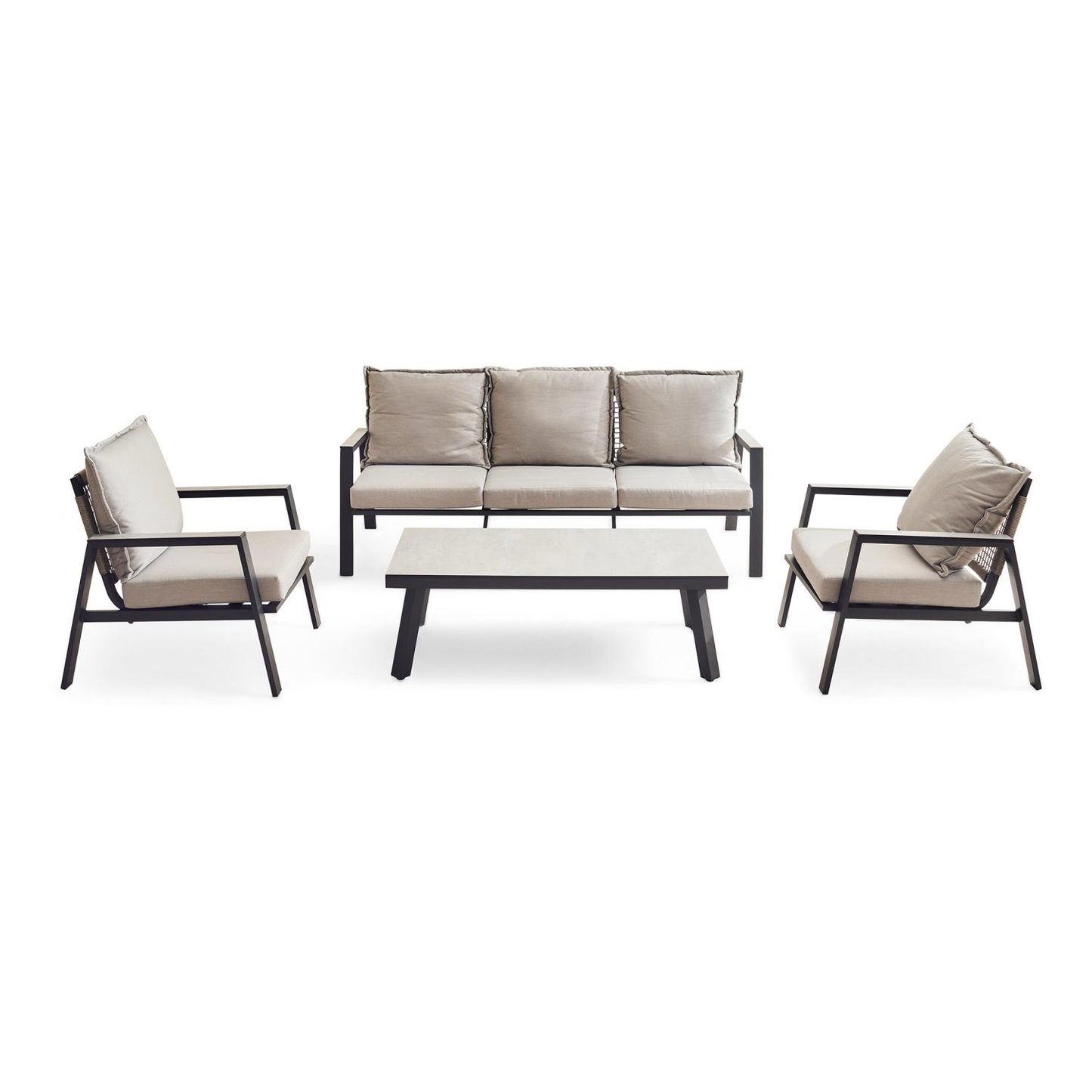 Zanari Outdoor Sofa Set, 3-Seater, 2 Armchairs & Coffee Table – Light Grey